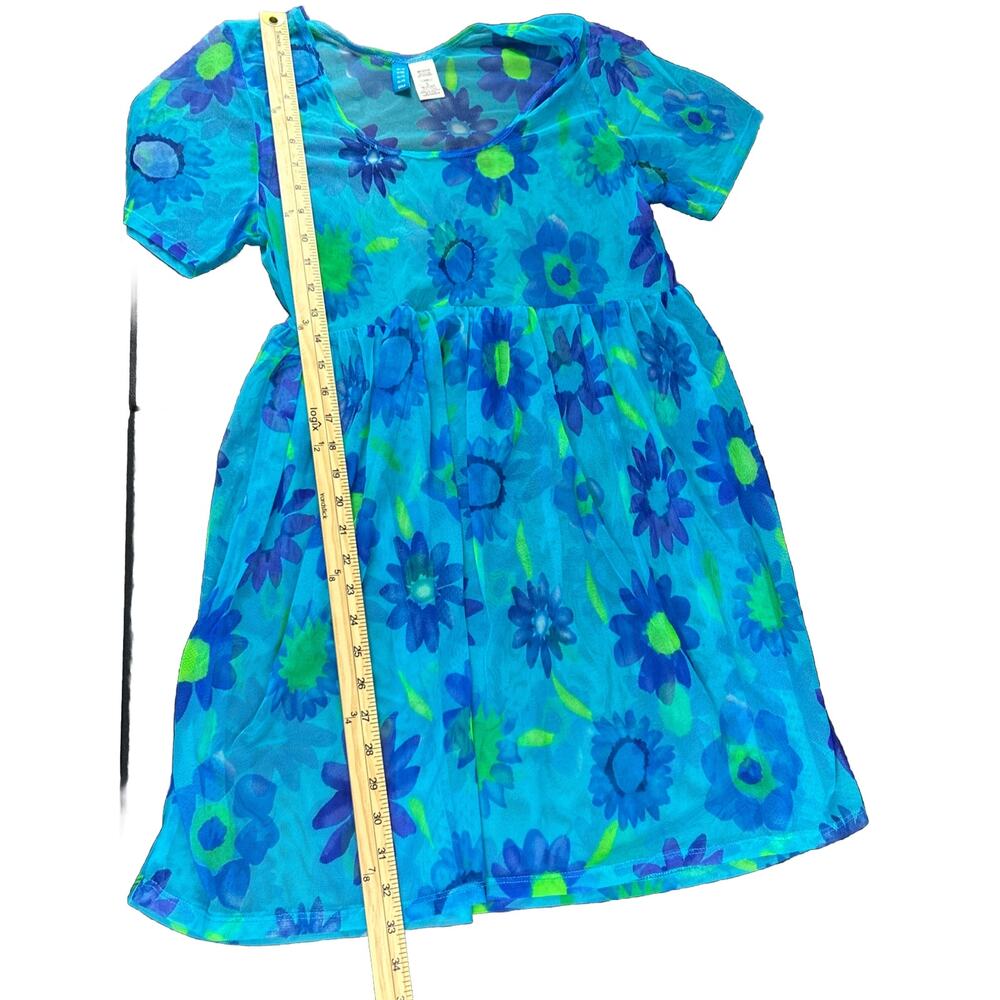 VTG Floral Mesh Sheer Babydoll Dress Electric Blue Green Festival Rave Dopamine - Picture 2 of 3
